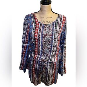 Roper Blue and Red Graphic Long Sleeve Romper with Pockets